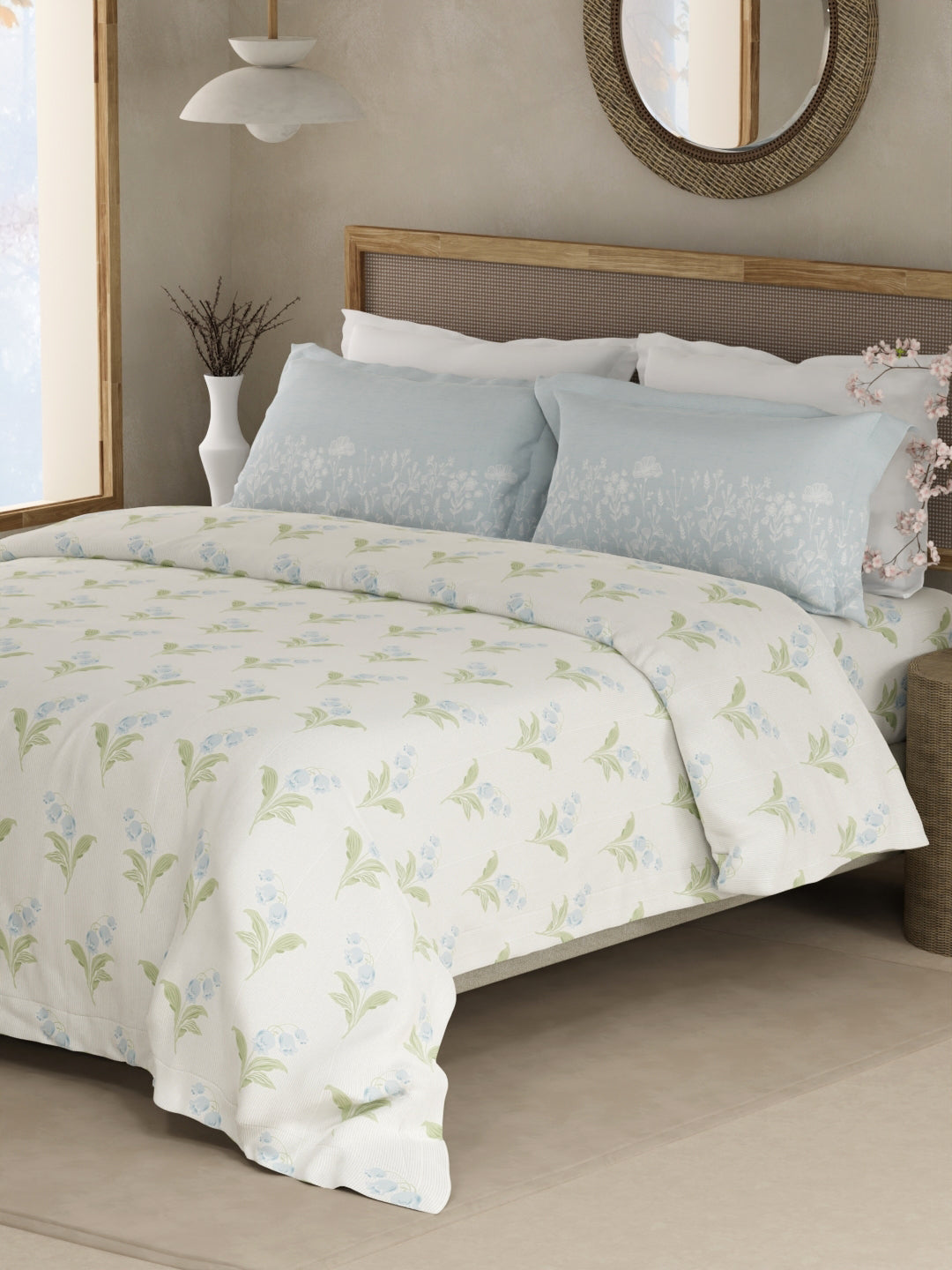 Valatia 100% Cotton 200 TC Double Bedsheet with 2 Pillow Covers - Green & Blue Floral