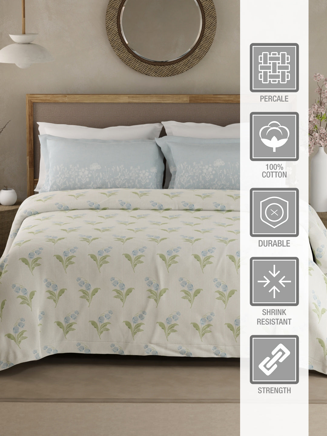 Valatia 100% Cotton 200 TC Double Bedsheet with 2 Pillow Covers - Green & Blue Floral