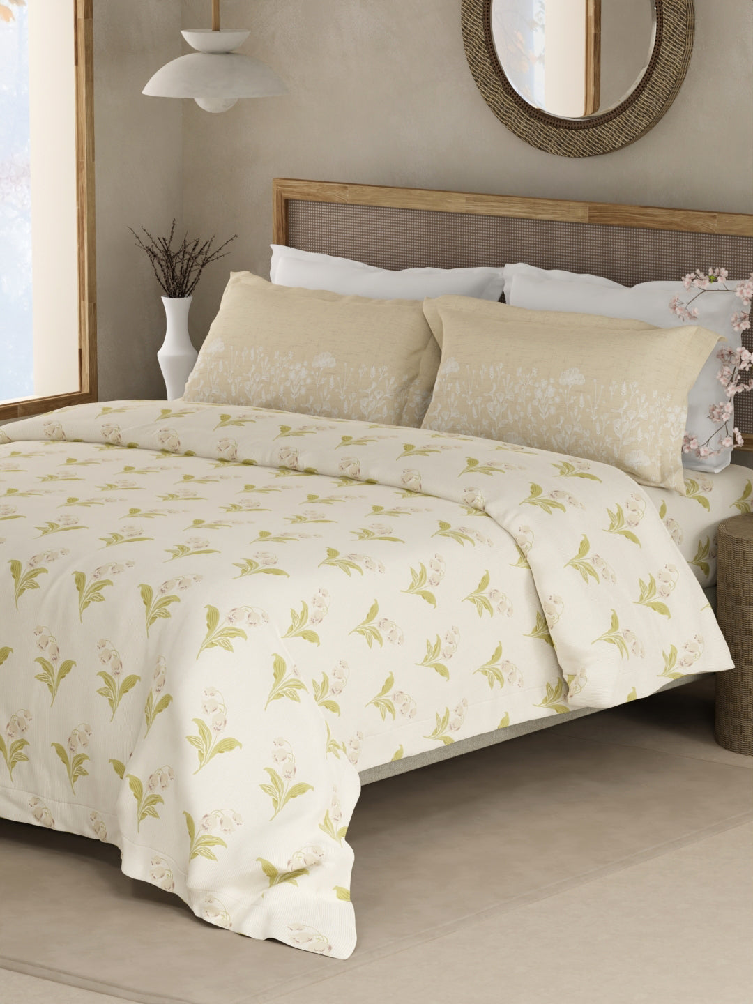 Valatia 100% Cotton 200 TC Double Bedsheet with 2 Pillow Covers - Cream Floral