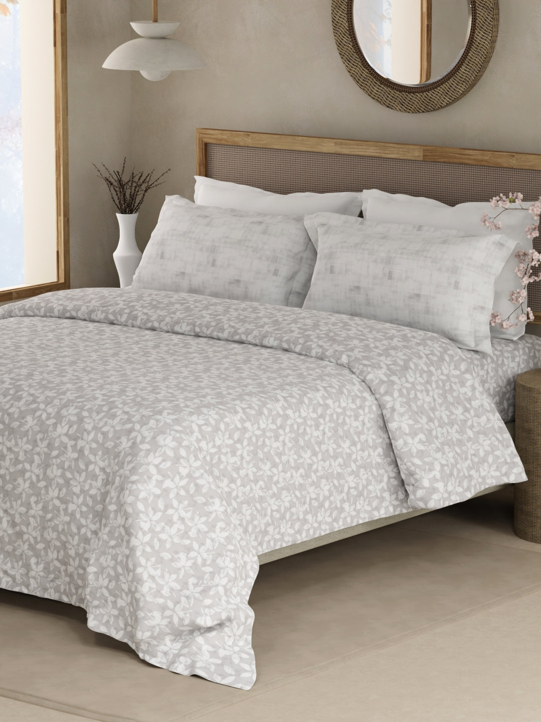 Valatia 100% Cotton 200 TC Double Bedsheet with 2 Pillow Covers - Grey & White Floral