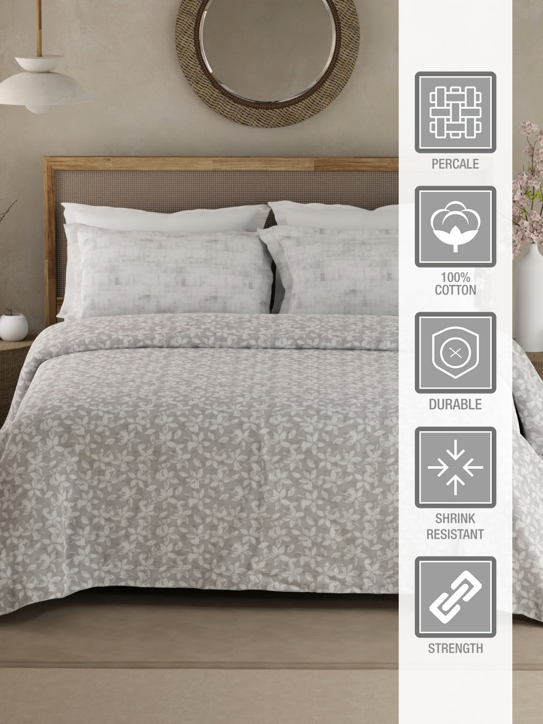 Valatia 100% Cotton 200 TC Double Bedsheet with 2 Pillow Covers - Grey & White Floral