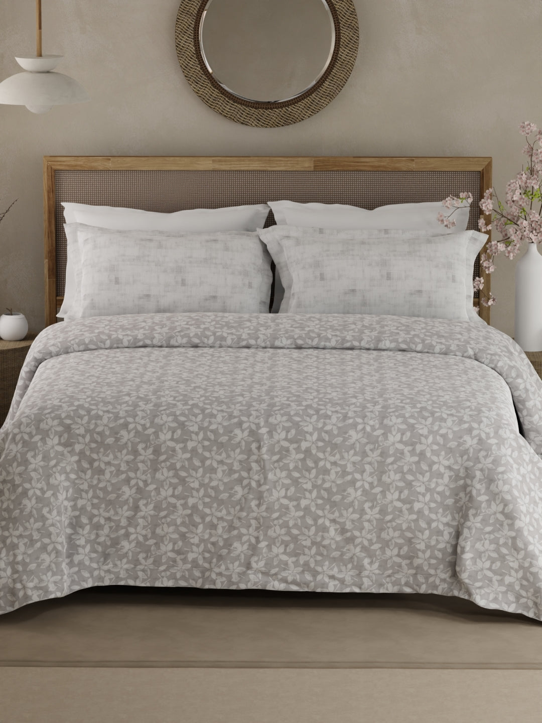 Valatia 100% Cotton 200 TC Double Bedsheet with 2 Pillow Covers - Grey & White Floral