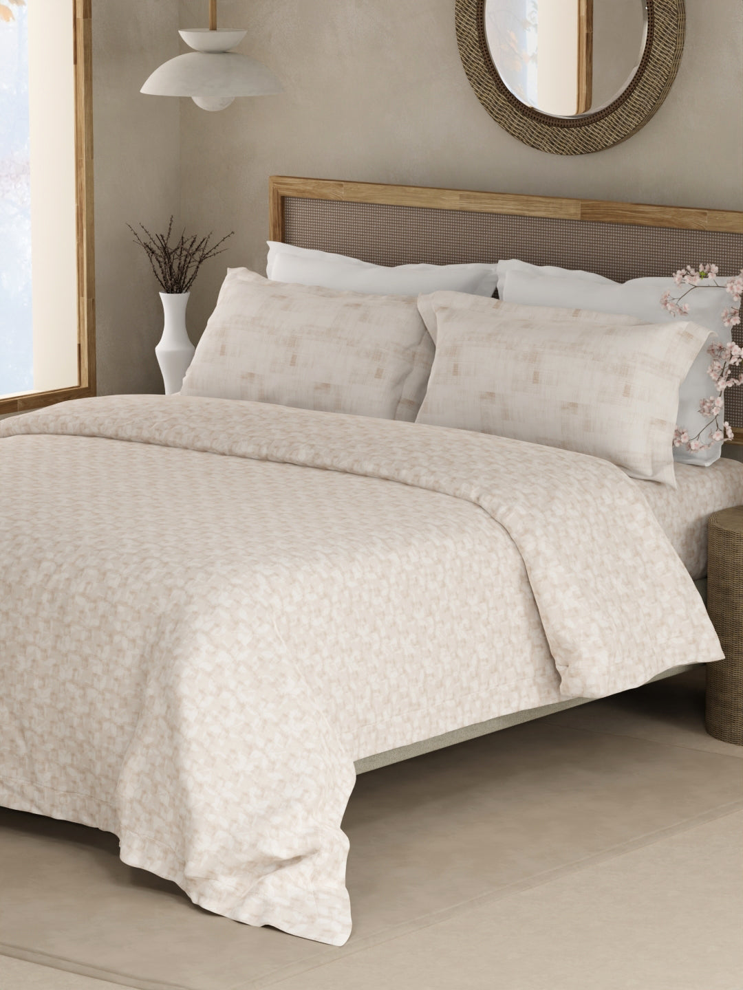 Valatia 100% Cotton 200 TC Double Bedsheet with 2 Pillow Covers - Beige Floral