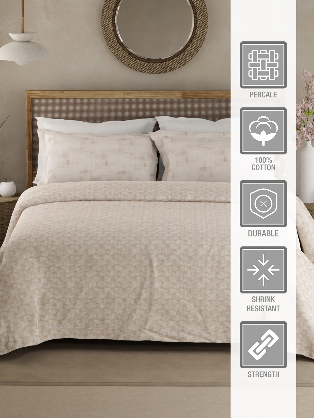 Valatia 100% Cotton 200 TC Double Bedsheet with 2 Pillow Covers - Beige Floral