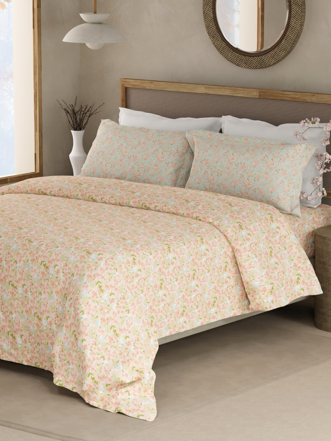 Valatia 100% Cotton 200 TC Double Bedsheet with 2 Pillow Covers - Pink Floral