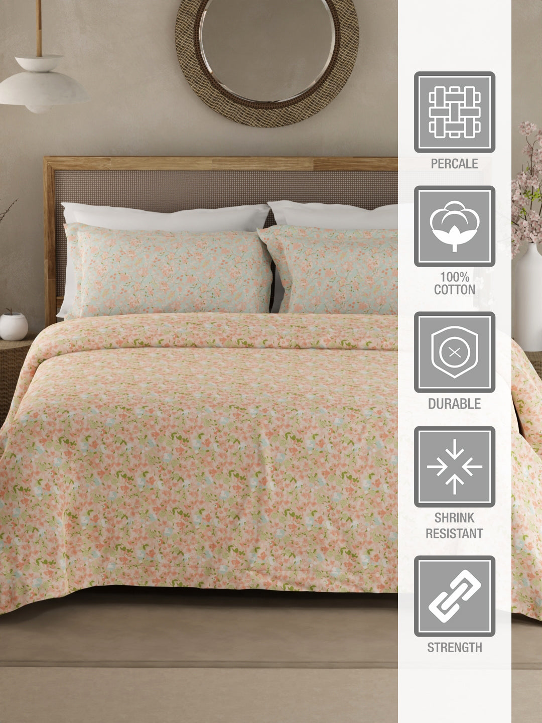 Valatia 100% Cotton 200 TC Double Bedsheet with 2 Pillow Covers - Pink Floral