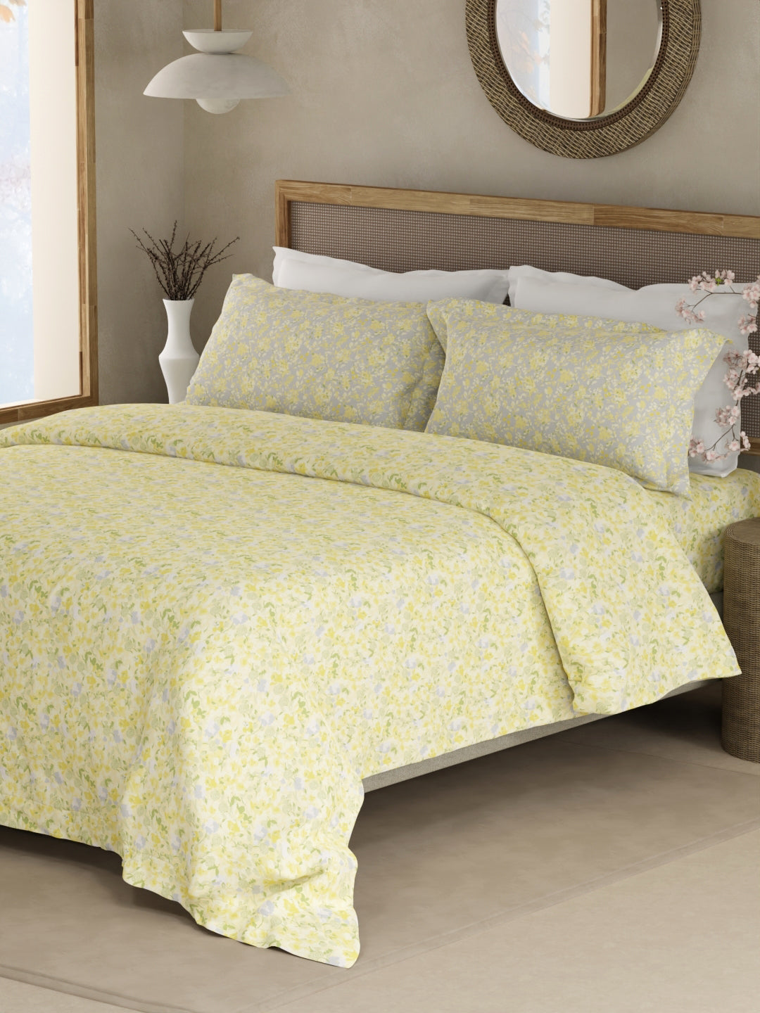 Valatia 100% Cotton 200 TC Double Bedsheet with 2 Pillow Covers - Yellow Floral