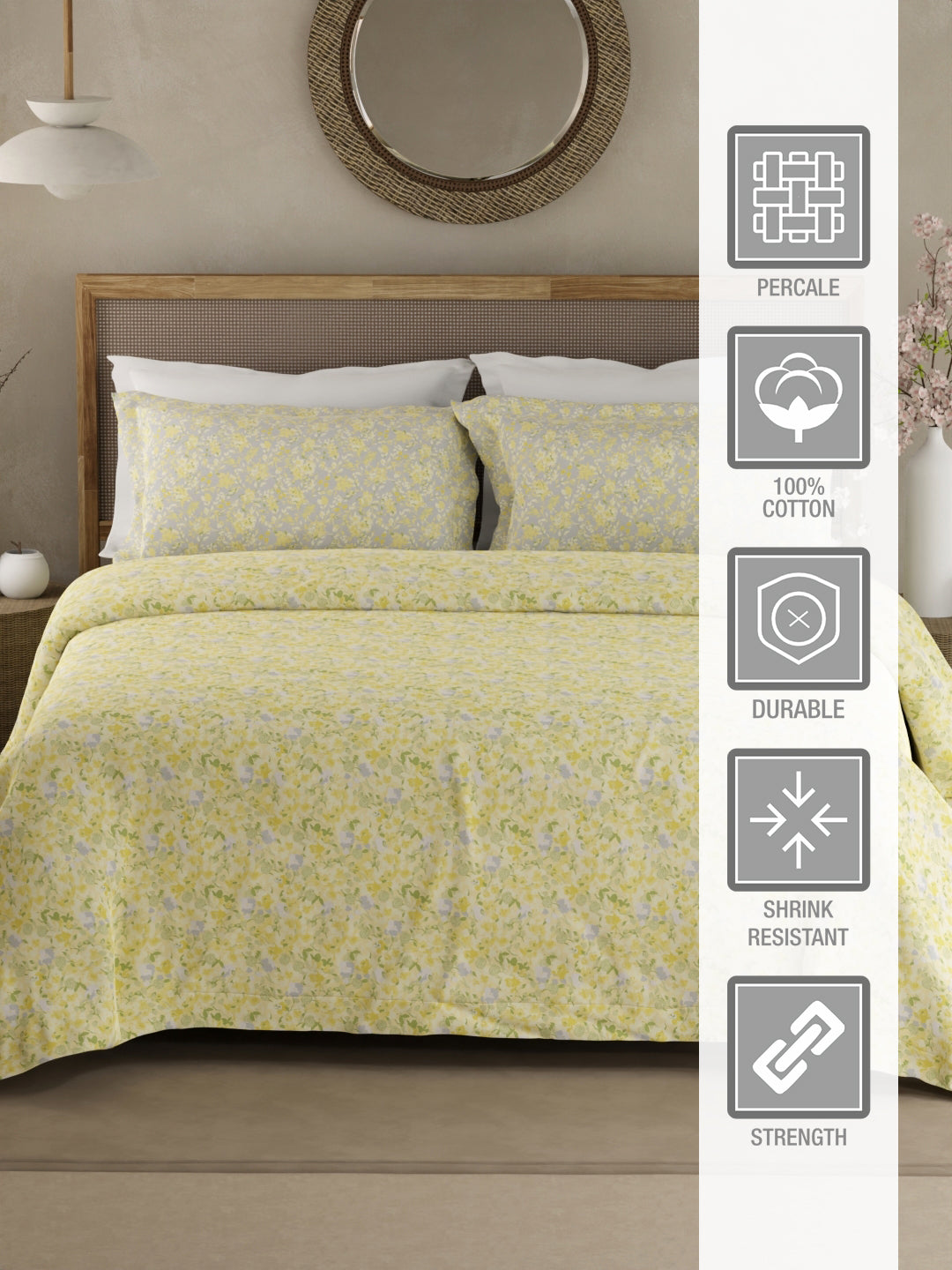 Valatia 100% Cotton 200 TC Double Bedsheet with 2 Pillow Covers - Yellow Floral