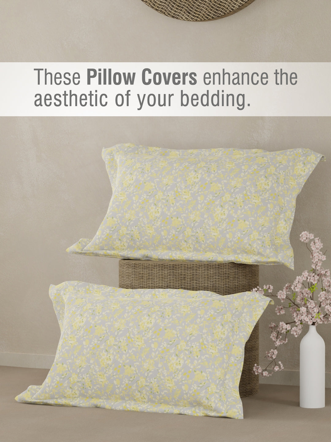 Valatia 100% Cotton 200 TC Double Bedsheet with 2 Pillow Covers - Yellow Floral