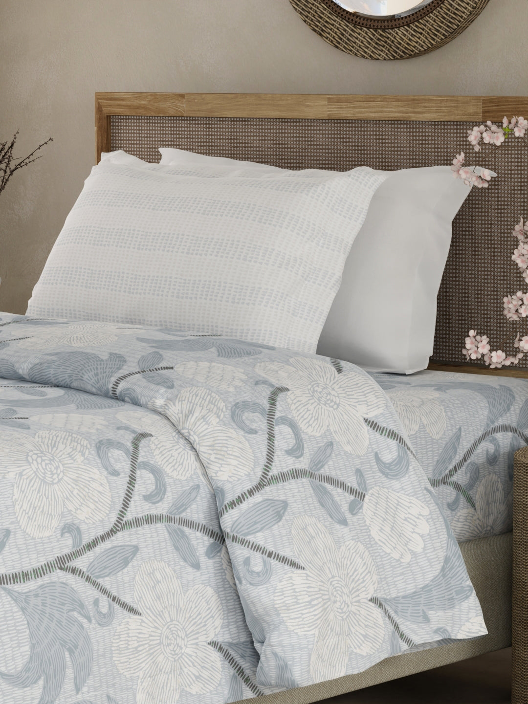 Valatia 100% Cotton 200 TC Single Bedsheet with 1 Pillow Cover - Blue Floral