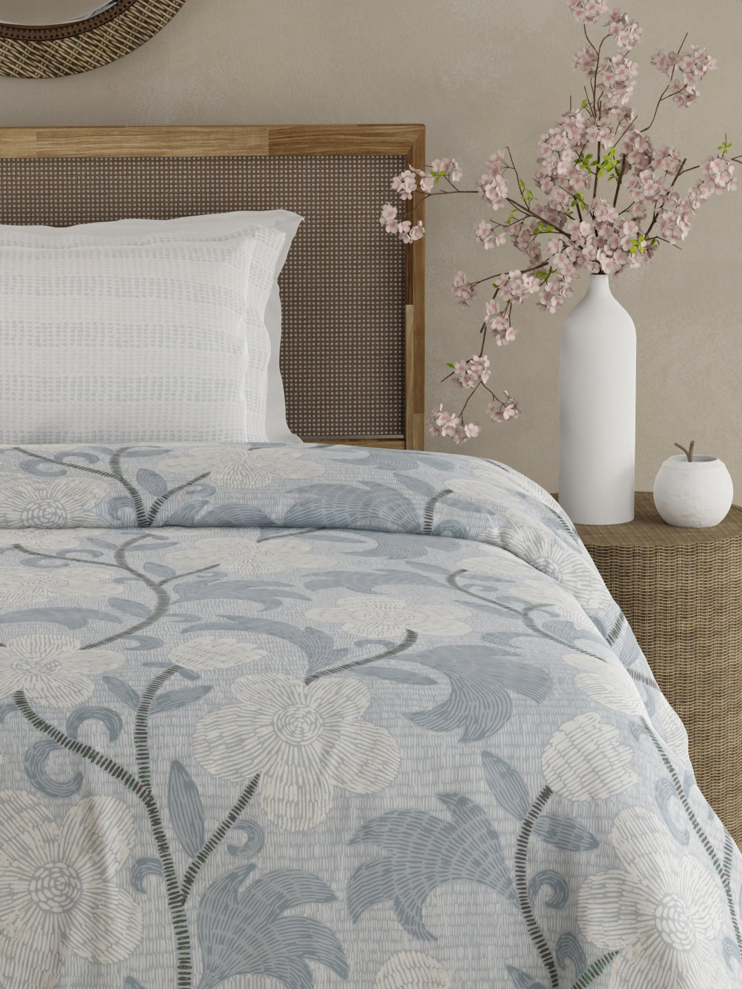 Valatia 100% Cotton 200 TC Single Bedsheet with 1 Pillow Cover - Blue Floral