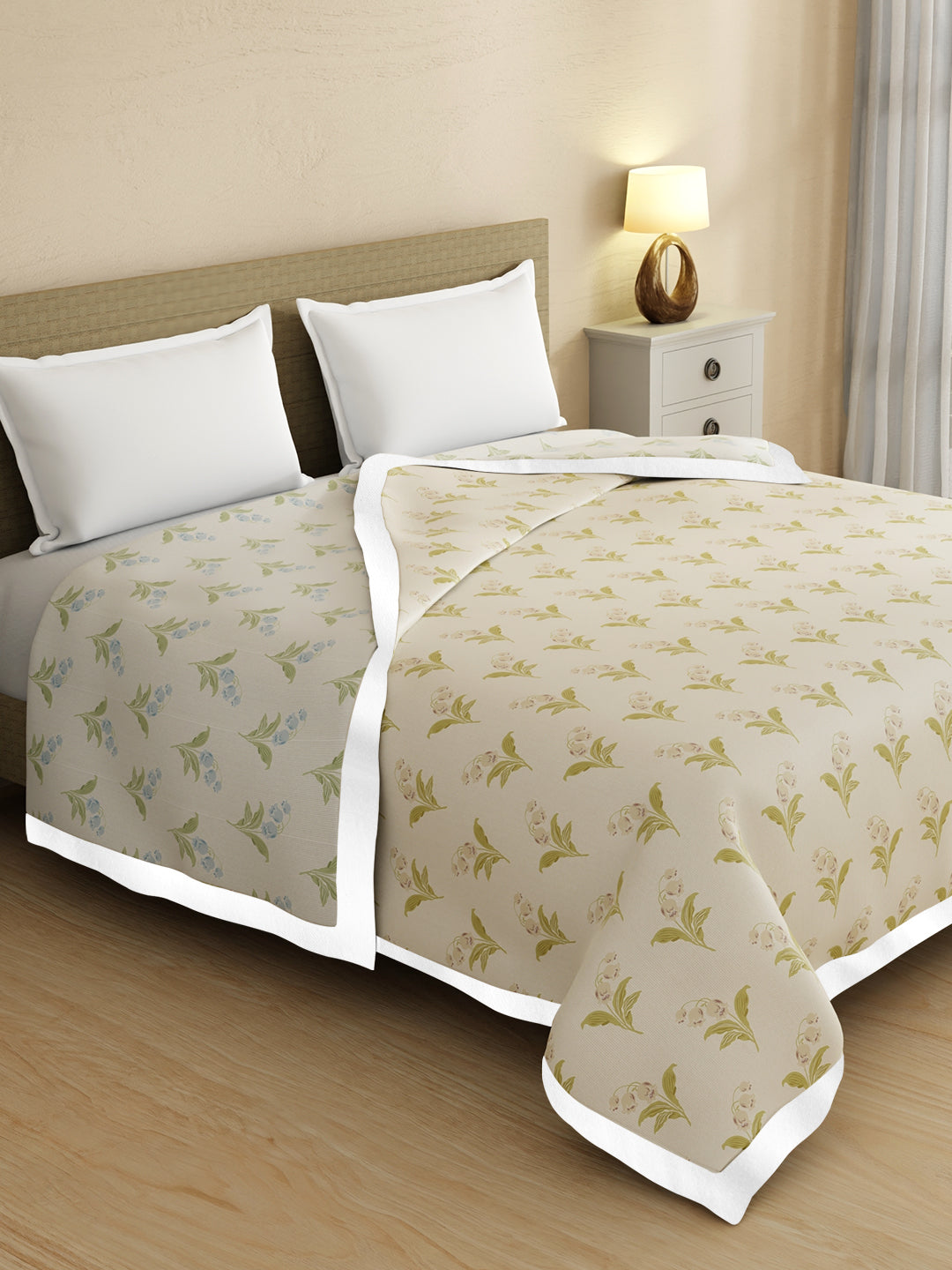 Valatia 100% Cotton 200 TC Grey & Cream Floral Reversible Double Size Dohar (100 L x 90 W inches)