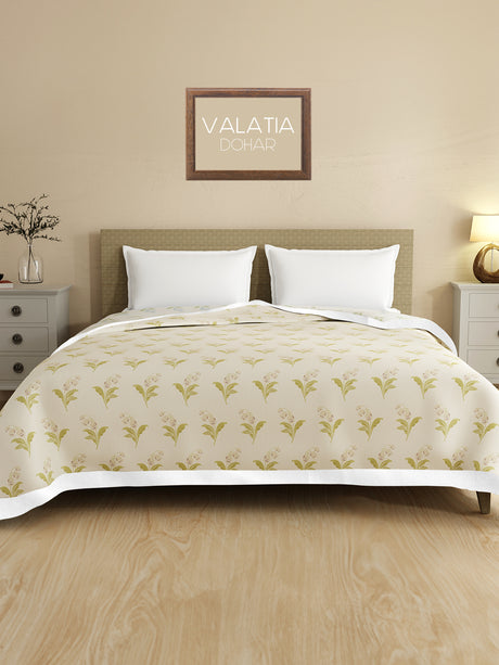 Valatia 100% Cotton 200 TC Grey & Cream Floral Reversible Double Size Dohar (100 L x 90 W inches)
