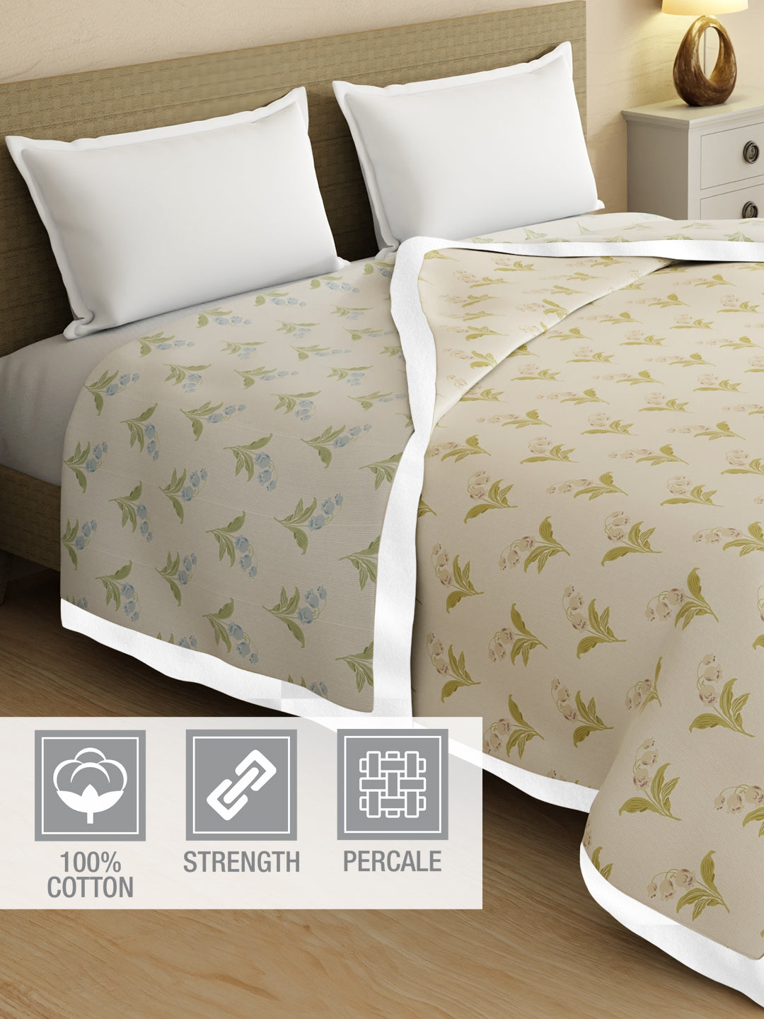 Valatia 100% Cotton 200 TC Grey & Cream Floral Reversible Double Size Dohar (100 L x 90 W inches)