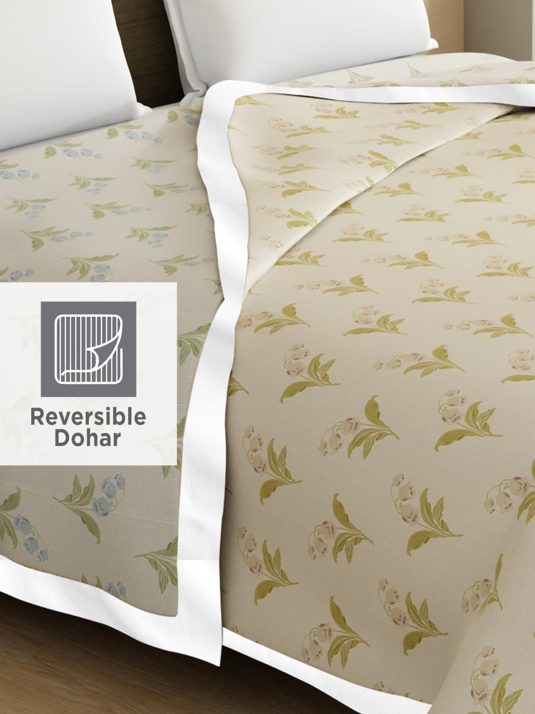 Valatia 100% Cotton 200 TC Grey & Cream Floral Reversible Double Size Dohar (100 L x 90 W inches)