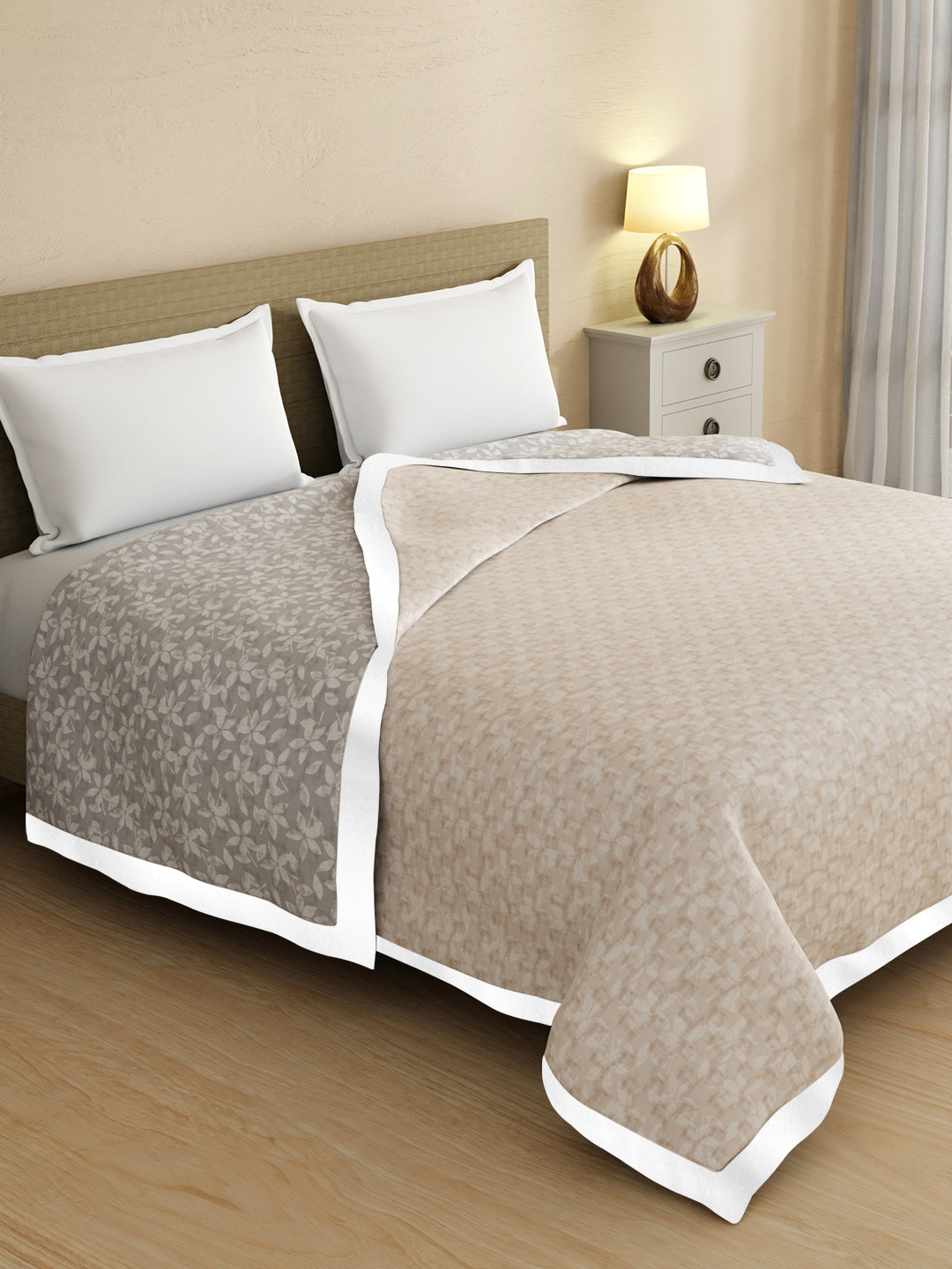 Valatia 100% Cotton 200 TC Grey & Beige Floral Reversible Double Size Dohar (100 L x 90 W inches)