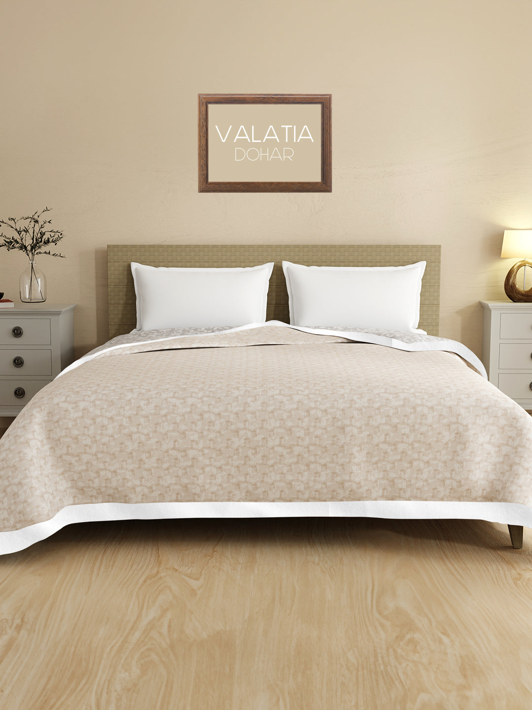 Valatia 100% Cotton 200 TC Grey & Beige Floral Reversible Double Size Dohar (100 L x 90 W inches)