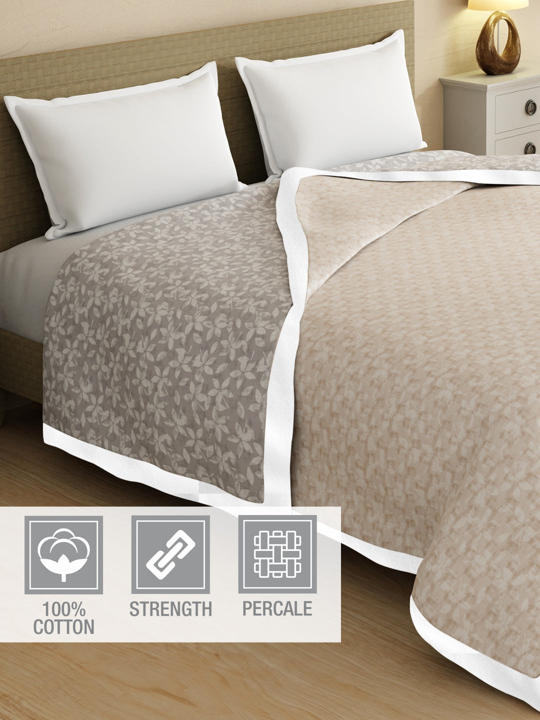 Valatia 100% Cotton 200 TC Grey & Beige Floral Reversible Double Size Dohar (100 L x 90 W inches)
