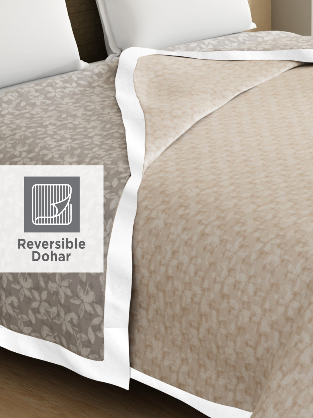 Valatia 100% Cotton 200 TC Grey & Beige Floral Reversible Double Size Dohar (100 L x 90 W inches)