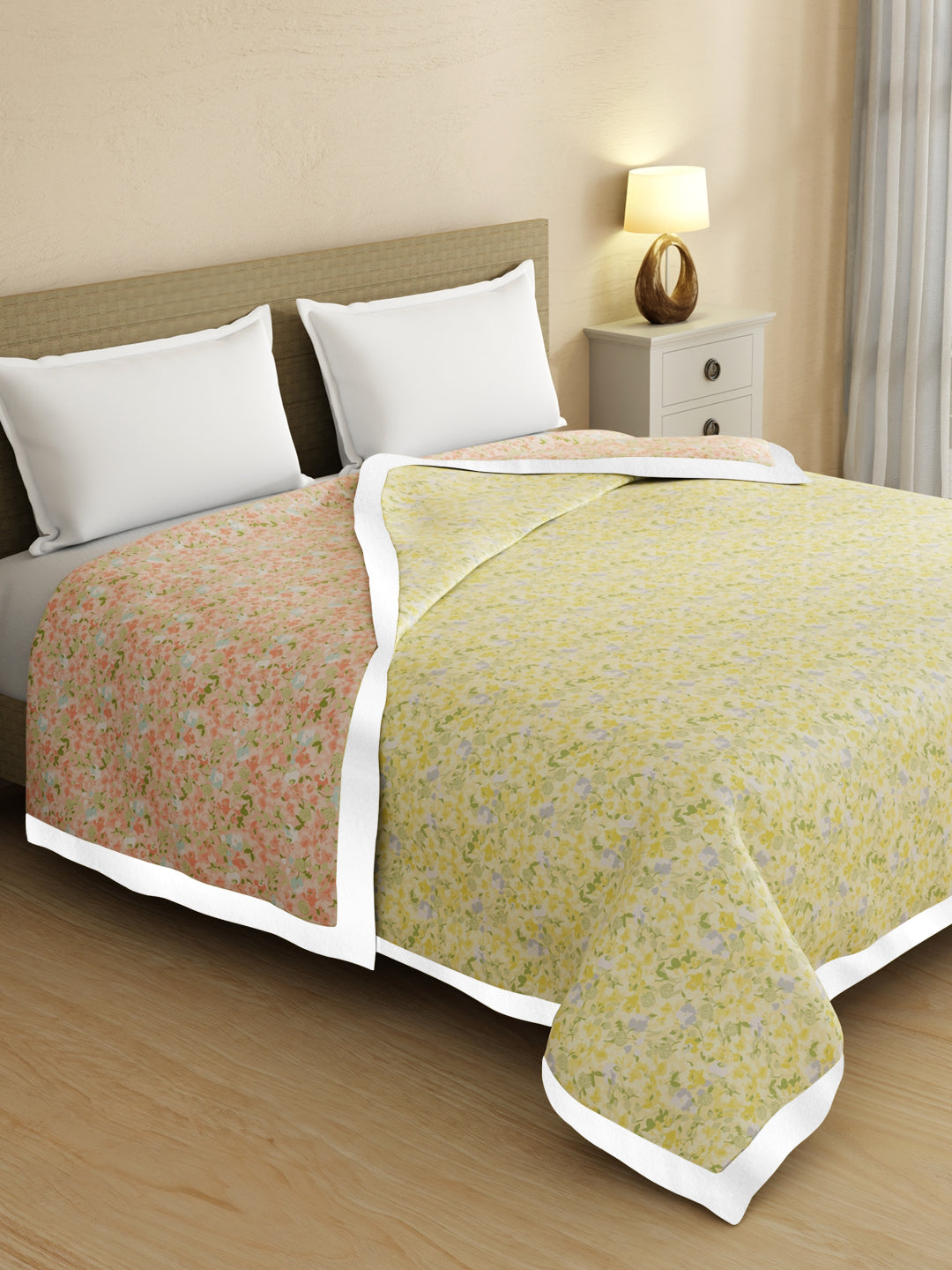 Valatia 100% Cotton 200 TC Orange & Yellow Floral Reversible Double Size Dohar (100 L x 90 W inches)