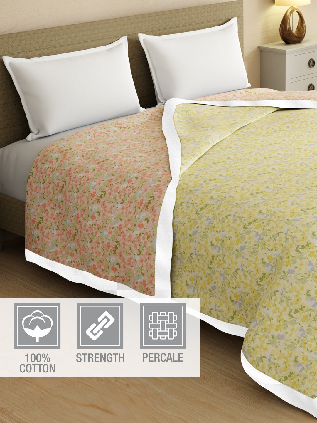 Valatia 100% Cotton 200 TC Orange & Yellow Floral Reversible Double Size Dohar (100 L x 90 W inches)