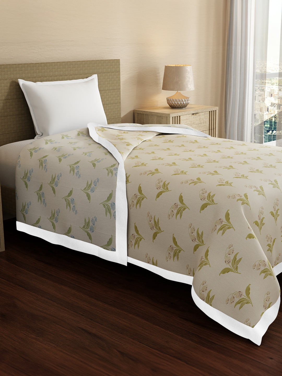 Valatia 100% Cotton 200 TC Grey & Cream Floral Reversible Single Size Dohar (88 L x 60 W inches)