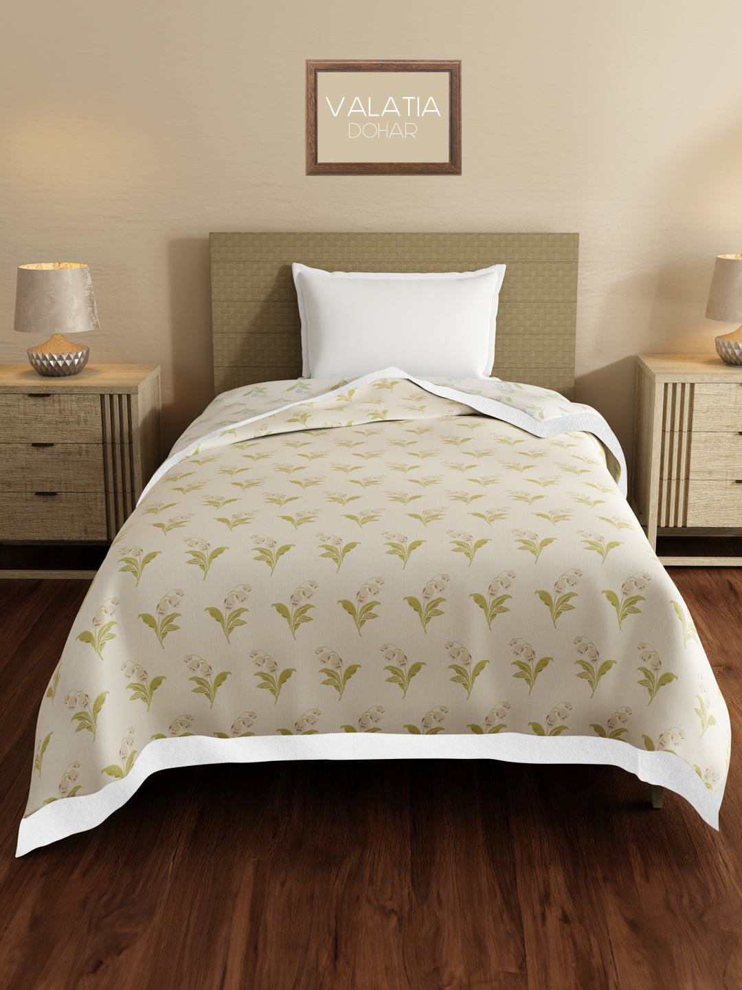 Valatia 100% Cotton 200 TC Grey & Cream Floral Reversible Single Size Dohar (88 L x 60 W inches)