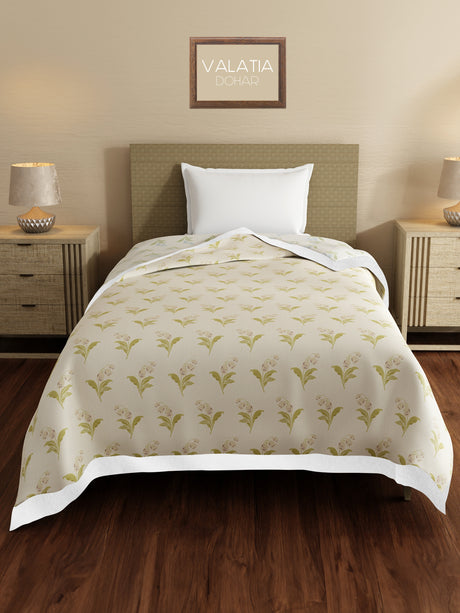 Valatia 100% Cotton 200 TC Grey & Cream Floral Reversible Single Size Dohar (88 L x 60 W inches)