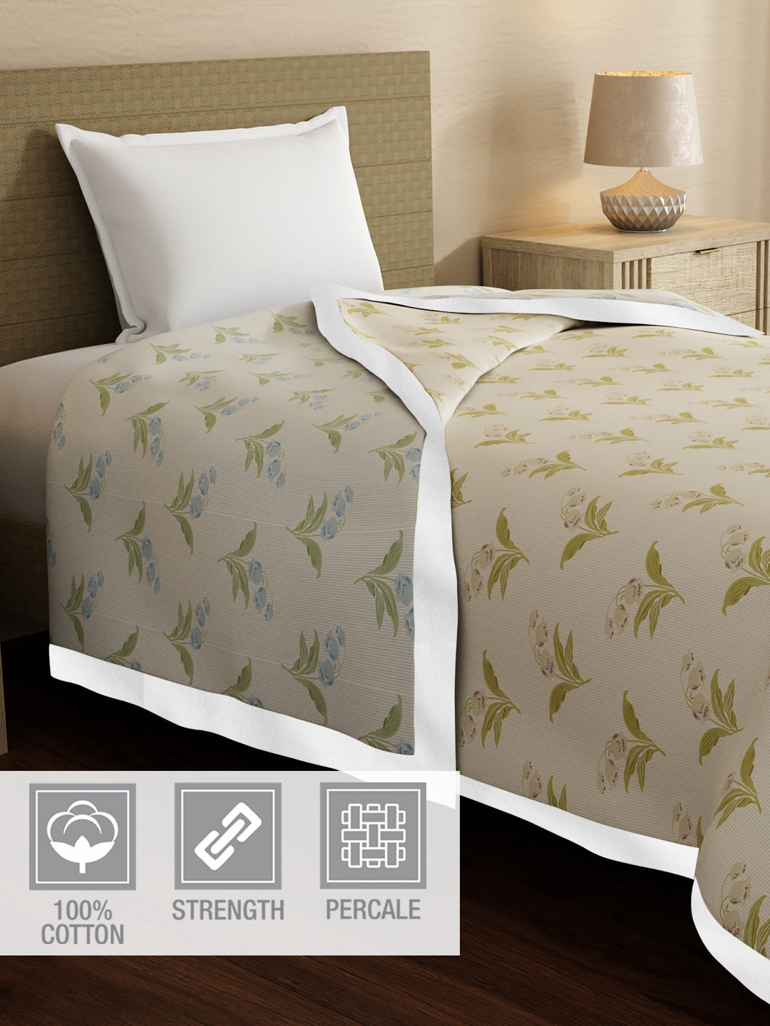 Valatia 100% Cotton 200 TC Grey & Cream Floral Reversible Single Size Dohar (88 L x 60 W inches)