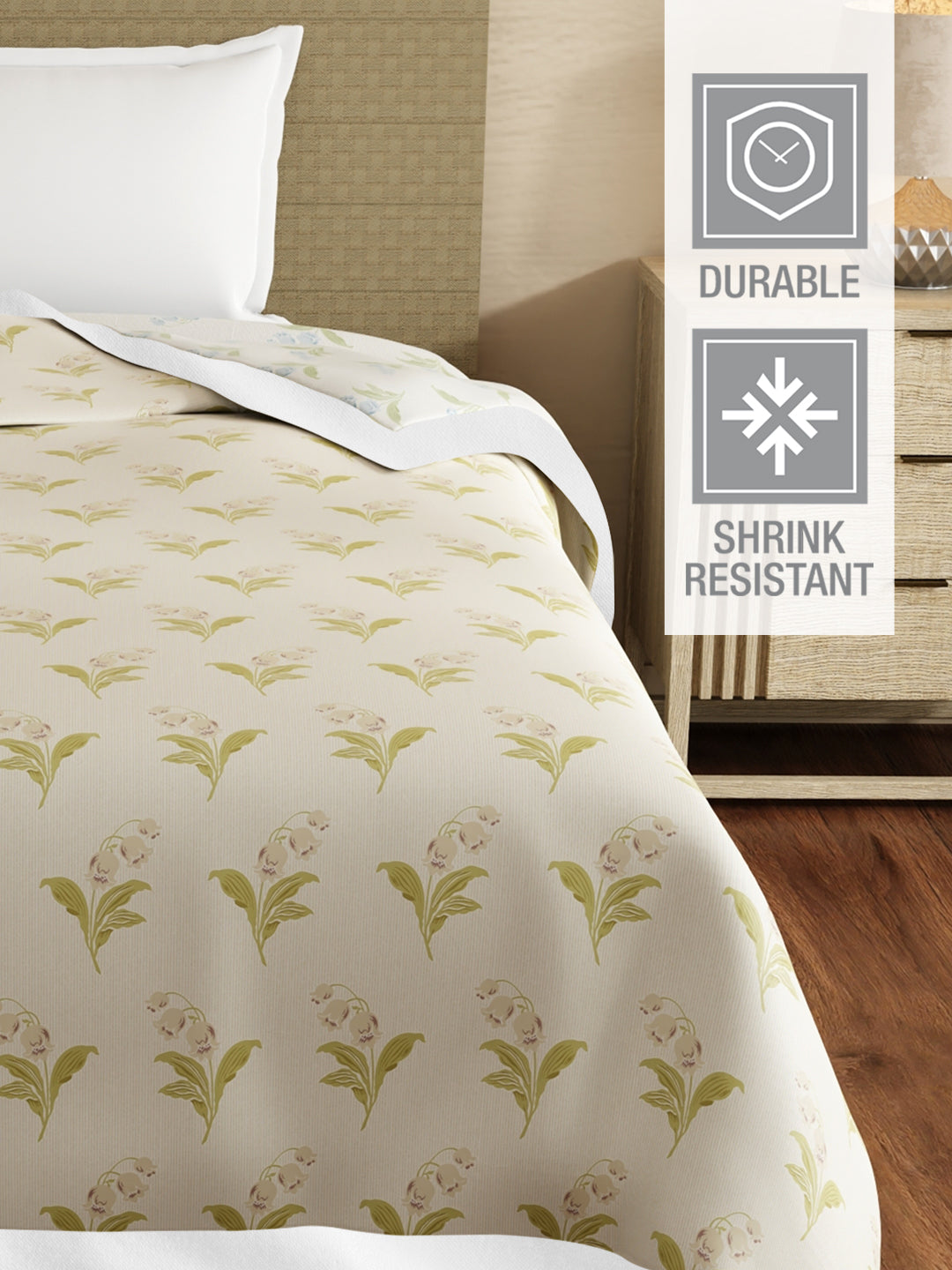 Valatia 100% Cotton 200 TC Grey & Cream Floral Reversible Single Size Dohar (88 L x 60 W inches)