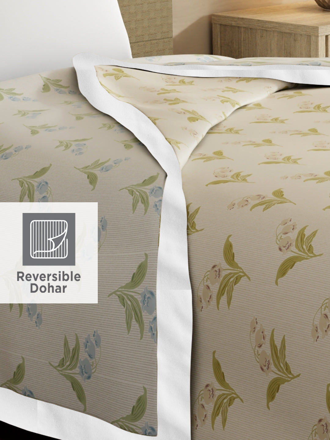 Valatia 100% Cotton 200 TC Grey & Cream Floral Reversible Single Size Dohar (88 L x 60 W inches)