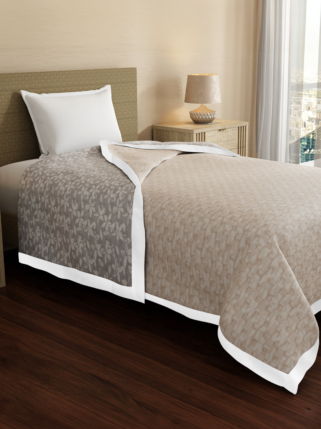 Valatia 100% Cotton 200 TC Grey & Beige Floral Reversible Single Size Dohar (88 L x 60 W inches)