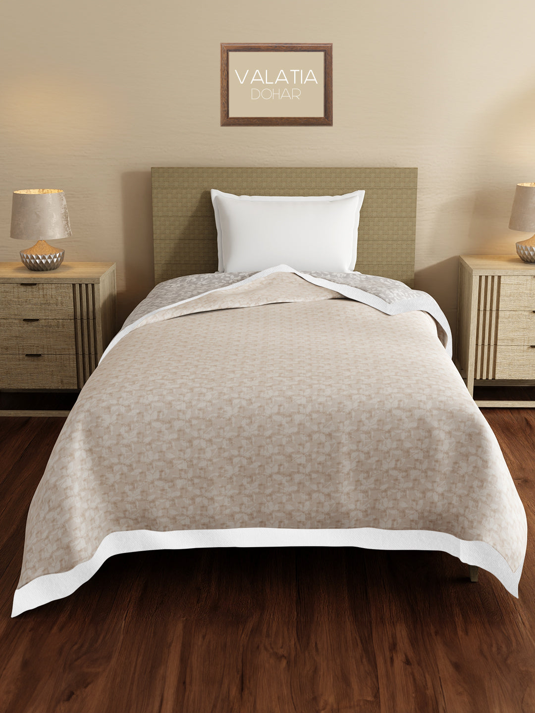 Valatia 100% Cotton 200 TC Grey & Beige Floral Reversible Single Size Dohar (88 L x 60 W inches)