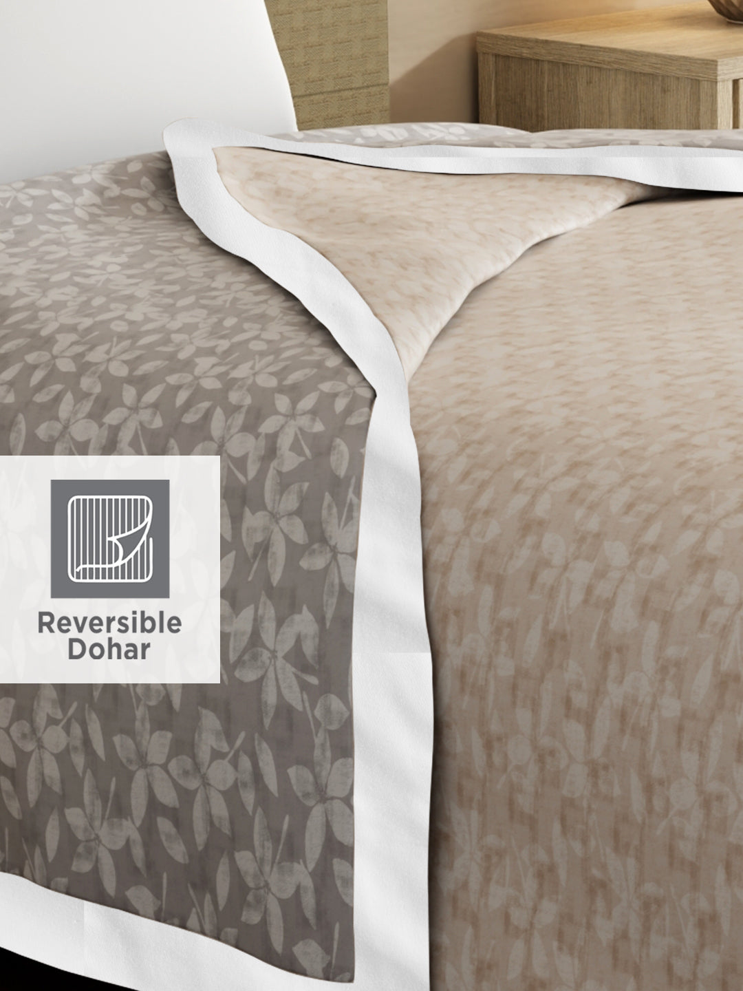 Valatia 100% Cotton 200 TC Grey & Beige Floral Reversible Single Size Dohar (88 L x 60 W inches)