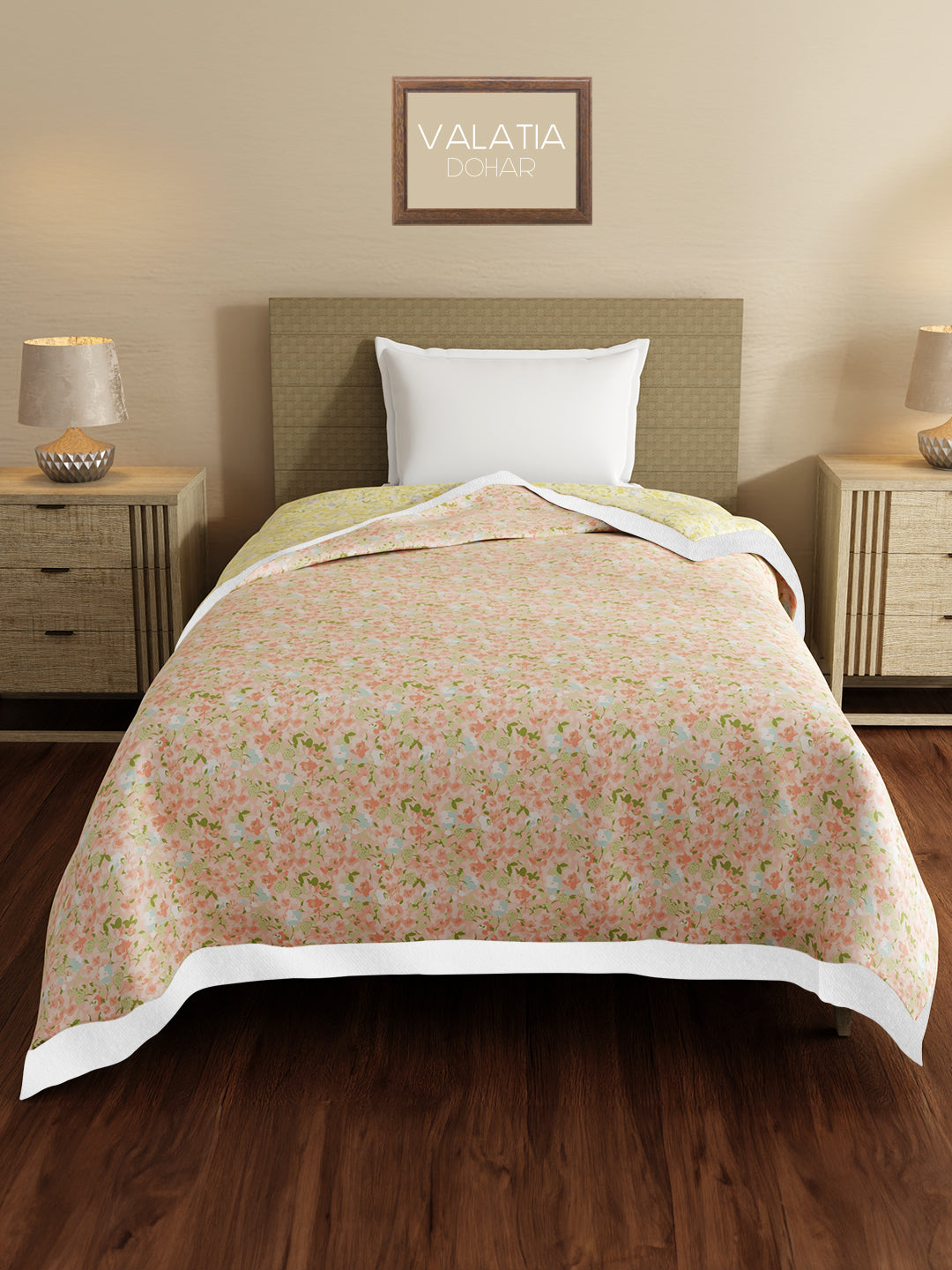 Valatia 100% Cotton 200 TC Orange & Yellow Floral Reversible Single Size Dohar (88 L x 60 W inches)