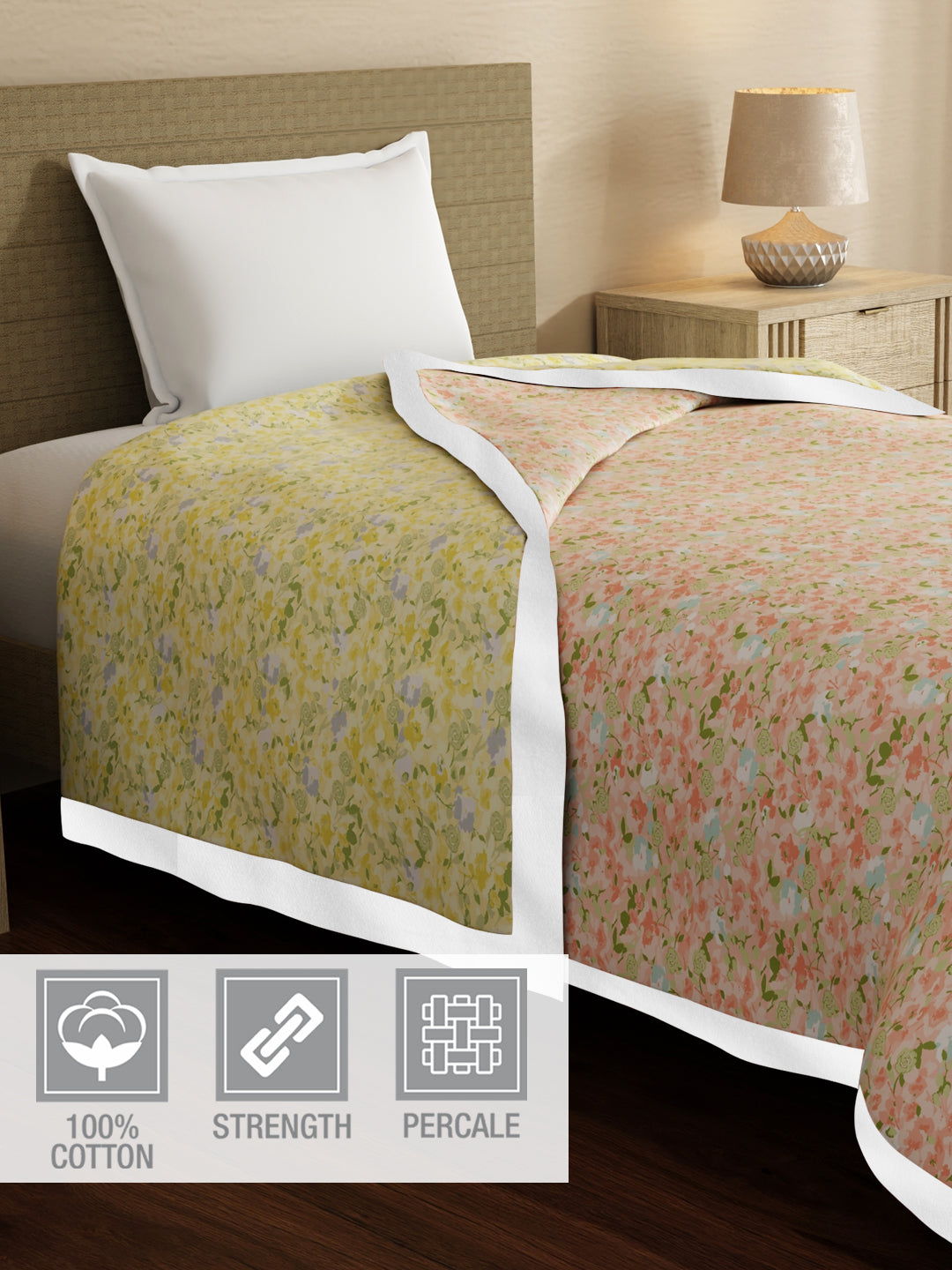 100% Cotton Reversible Single Size Dohar, 200 TC Orange & Yellow Floral (88 L x 60 W inches), Valatia Karigari