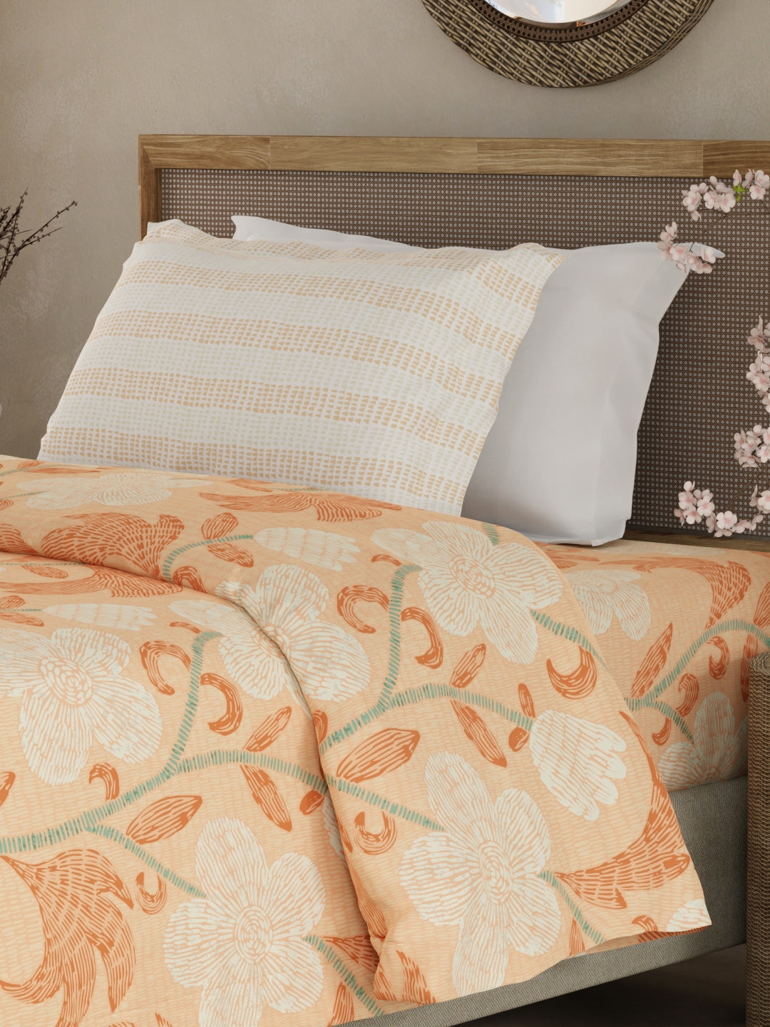 Valatia 100% Cotton 200 TC Single Bedsheet with 1 Pillow Cover - Orange Floral