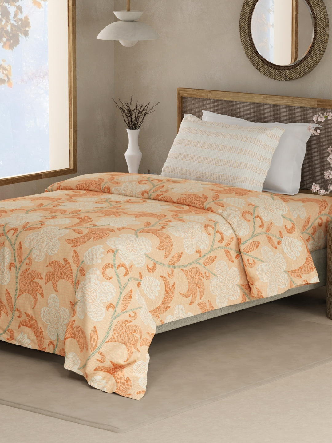 Valatia 100% Cotton 200 TC Single Bedsheet with 1 Pillow Cover - Orange Floral