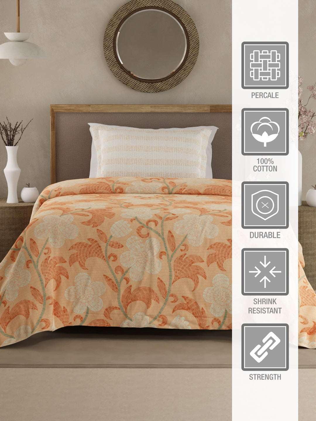 Valatia 100% Cotton 200 TC Single Bedsheet with 1 Pillow Cover - Orange Floral