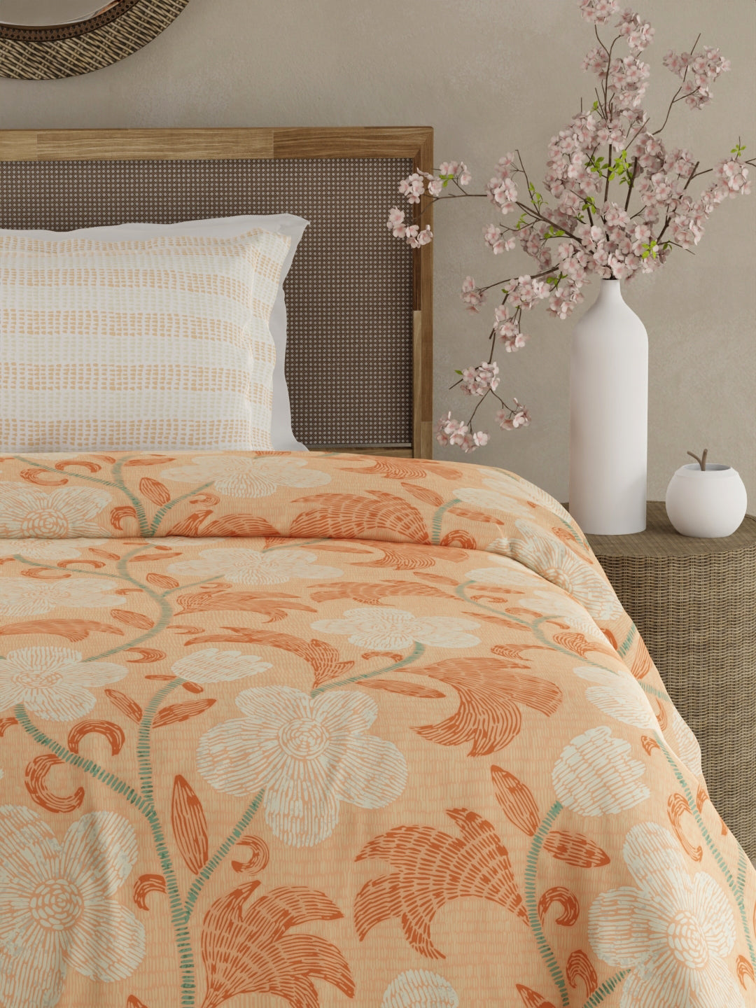 Valatia 100% Cotton 200 TC Single Bedsheet with 1 Pillow Cover - Orange Floral