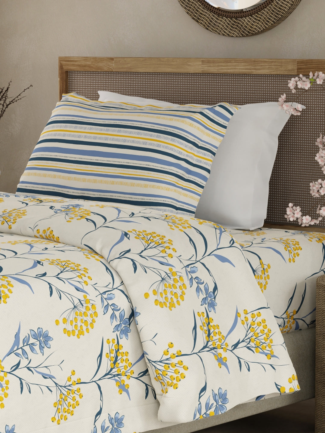 Valatia 100% Cotton 200 TC Single Bedsheet with 1 Pillow Cover - Yellow & Blue Floral