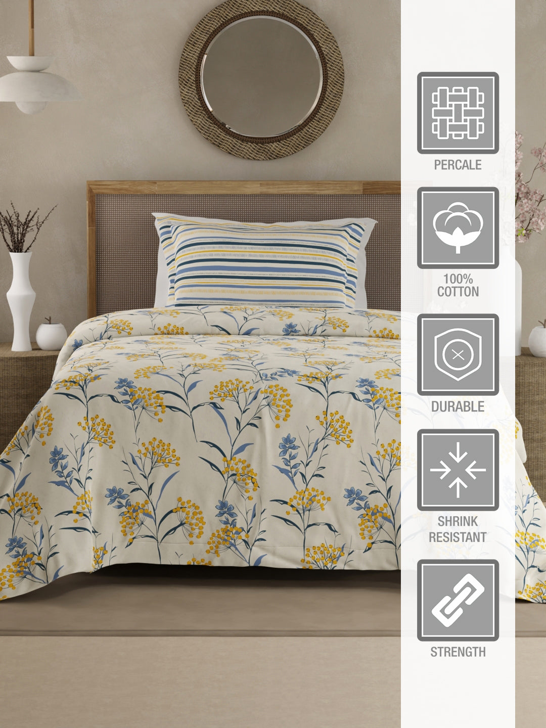 Valatia 100% Cotton 200 TC Single Bedsheet with 1 Pillow Cover - Yellow & Blue Floral