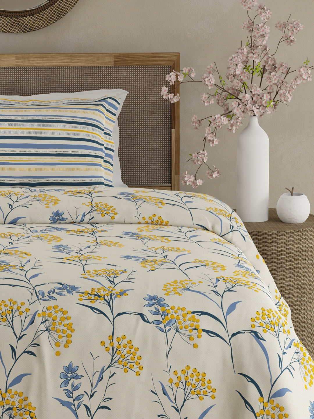Valatia 100% Cotton 200 TC Single Bedsheet with 1 Pillow Cover - Yellow & Blue Floral