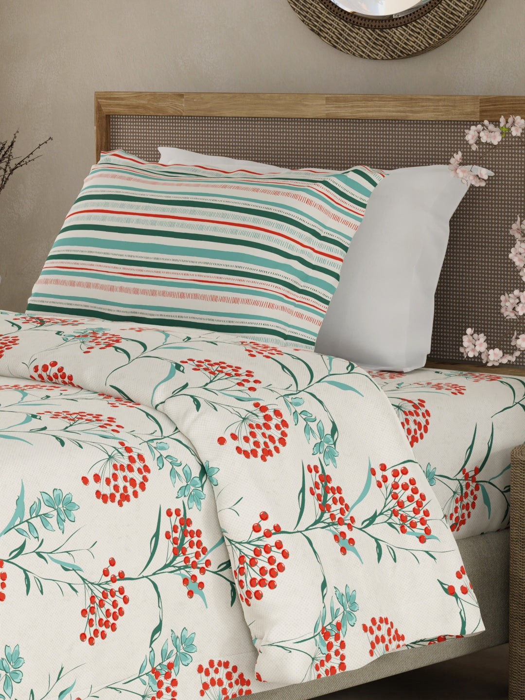 Valatia 100% Cotton 200 TC Single Bedsheet with 1 Pillow Cover - Red & Blue Floral