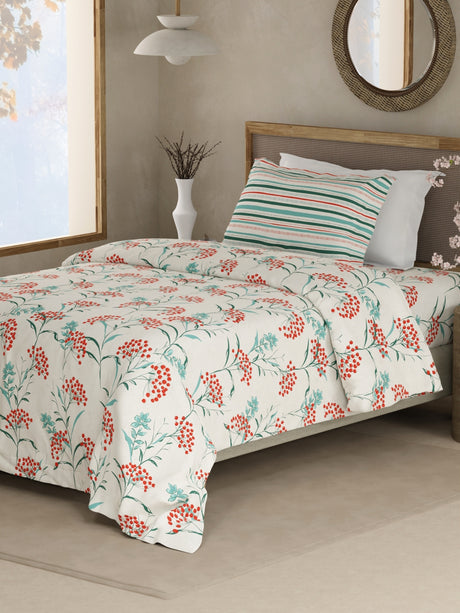 Valatia 100% Cotton 200 TC Single Bedsheet with 1 Pillow Cover - Red & Blue Floral