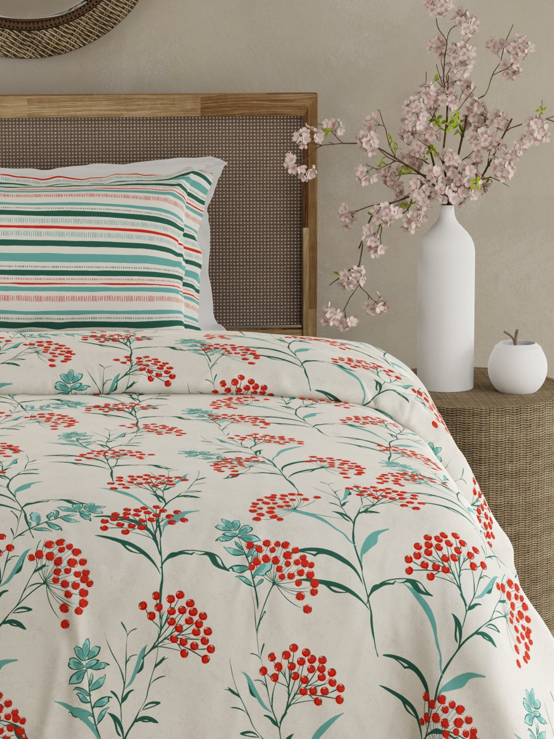 Valatia 100% Cotton 200 TC Single Bedsheet with 1 Pillow Cover - Red & Blue Floral