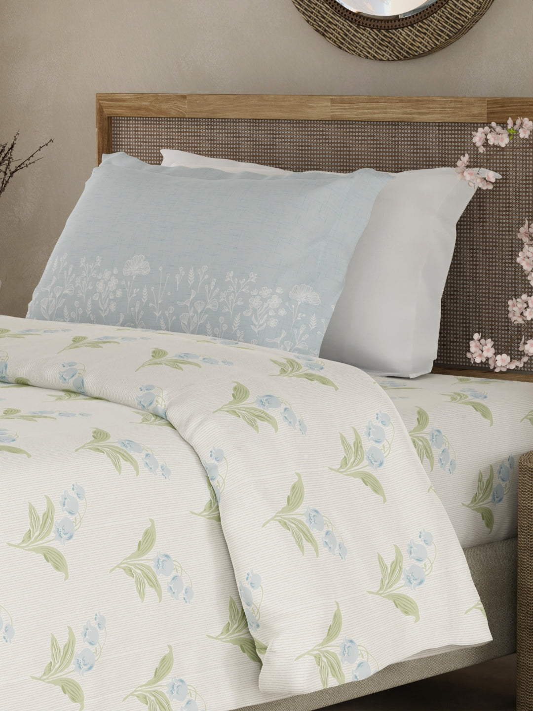 Valatia 100% Cotton 200 TC Single Bedsheet with 1 Pillow Cover - Green & Blue Floral