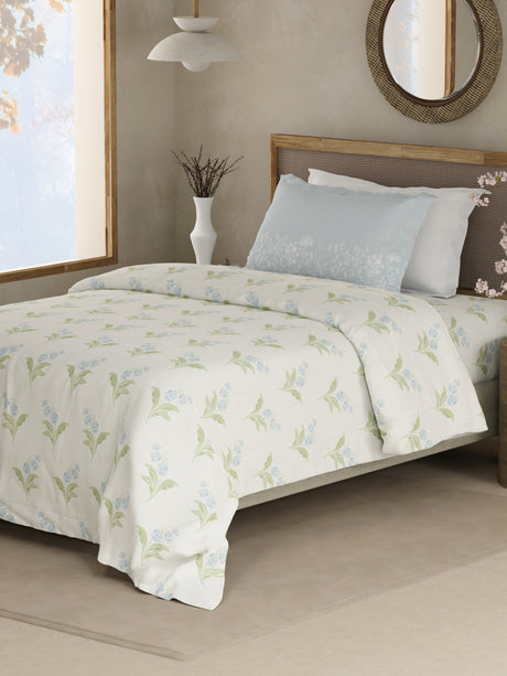 Valatia 100% Cotton 200 TC Single Bedsheet with 1 Pillow Cover - Green & Blue Floral