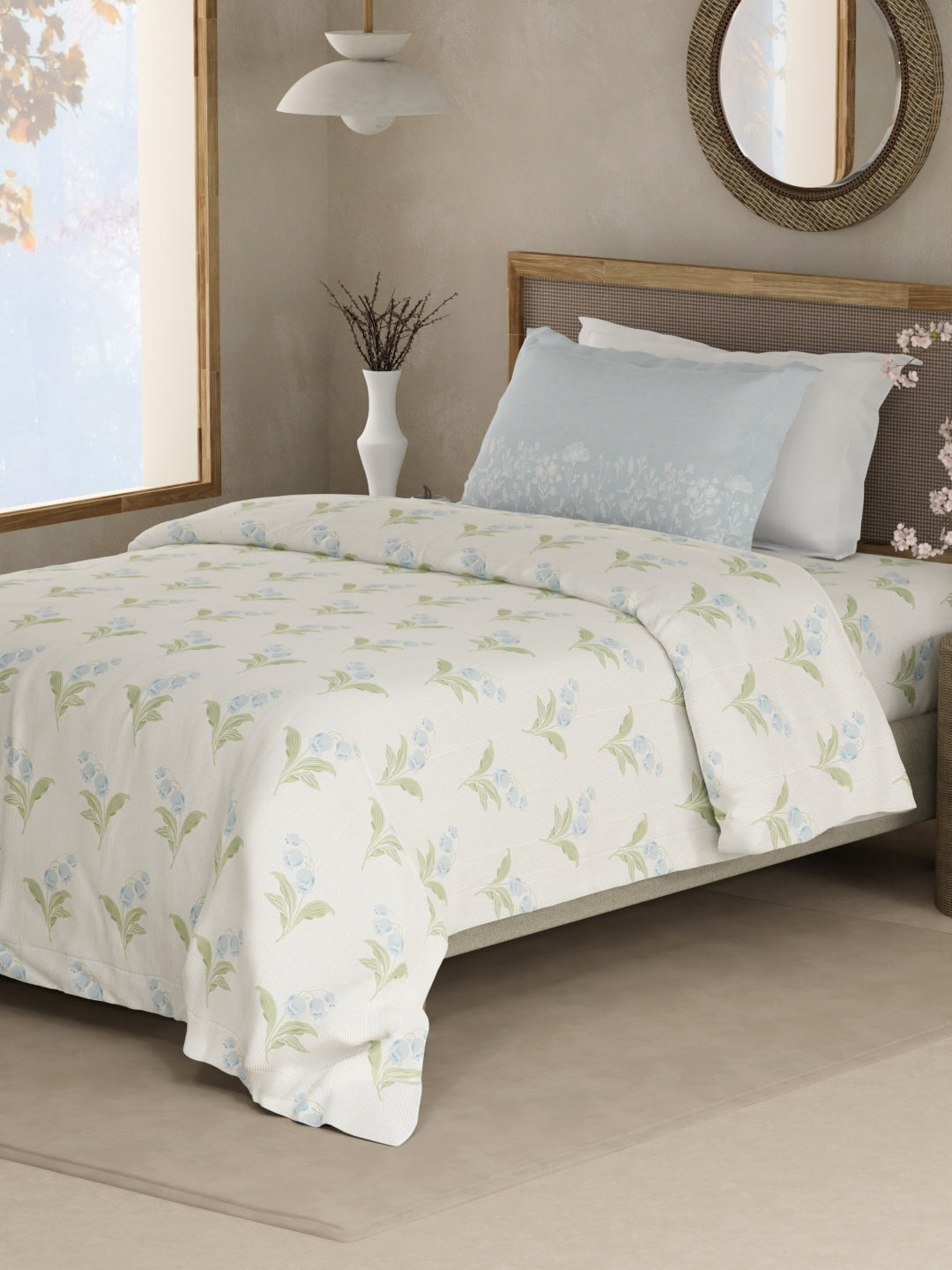 Valatia 100% Cotton 200 TC Single Bedsheet with 1 Pillow Cover - Cream, Green & Blue Floral