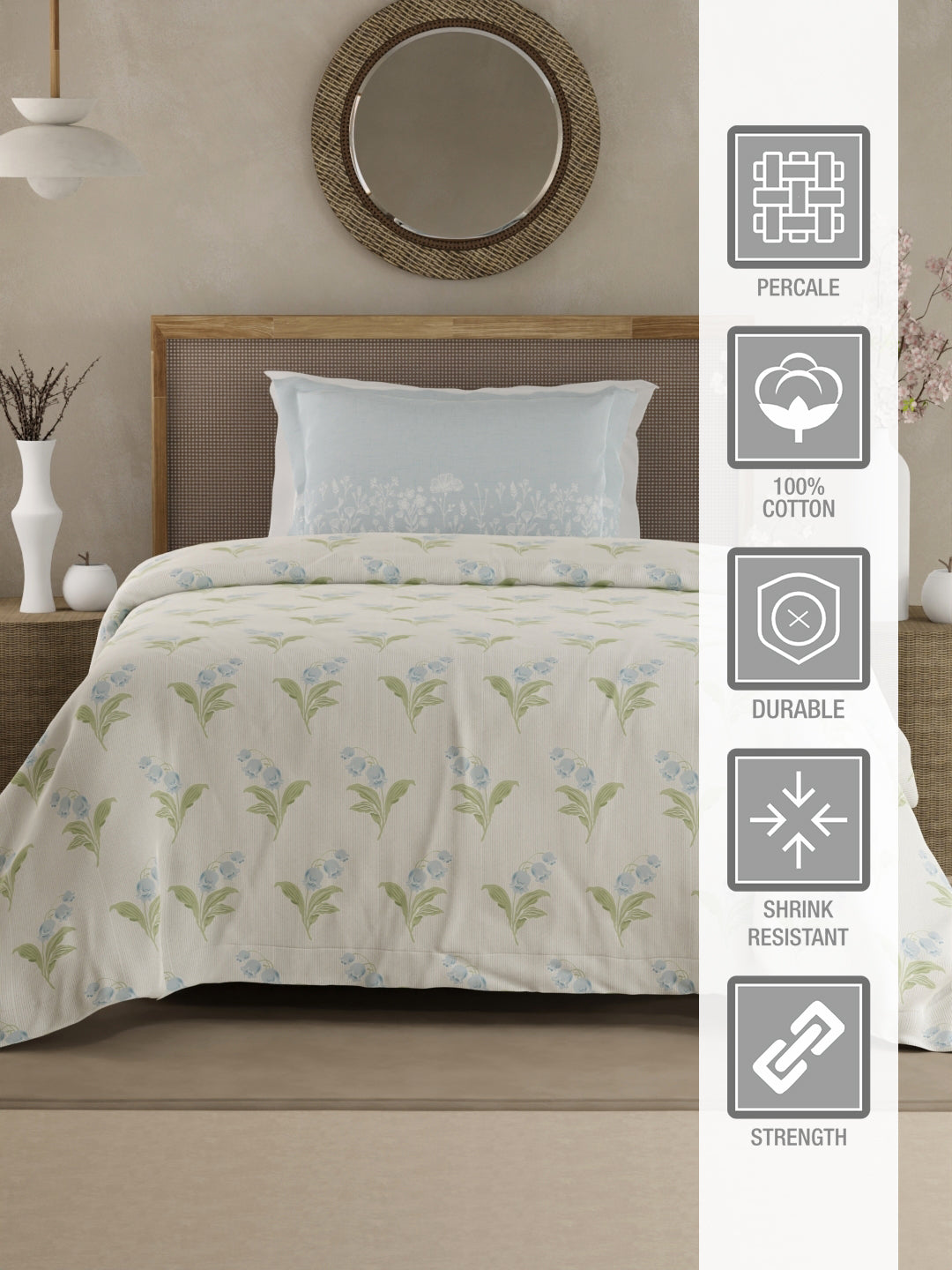 Valatia 100% Cotton 200 TC Single Bedsheet with 1 Pillow Cover - Cream, Green & Blue Floral